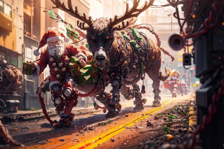 best quality, no humans, industrial theme, multiple reindeer antlers, running, on electric cable, motion blur, (optical fiber, coiled cord, artificial exoskeleton, mechanical santa claus:1.4), animal focus, hanging national flag, short hair, vehicle, concr...