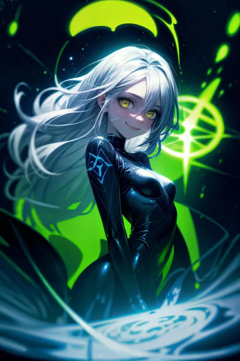 dark theme, low key, horror, masterpiece, best quality, centered, upper body, detailed shiny skin, perfect hands, looking at viewer, 1girl, see-through bodystocking, long white hair, glowing yellow eyes, perfecteyes, petite, small breasts, evil smile, fang...