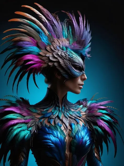 neonpunk style birdman soars with effortless grace through azure skies, its humanoid form adorned in colorful, iridescent feathers, a harmonious blend of avian and human, with wings catching sunlight and a beak hinting at both strength and elegance, embody...