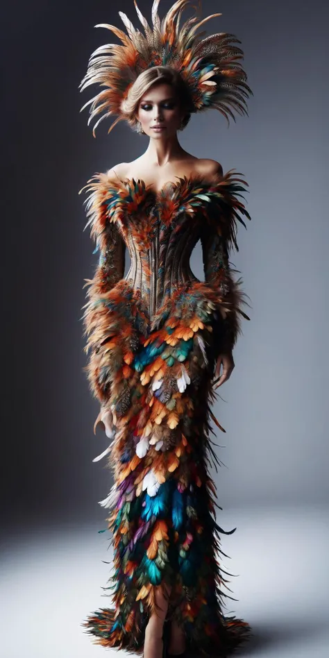 ((Masterpiece, best quality,edgQuality,full body,standing)), 
ral-feathercoat,a woman in a feathered costume poses for a picture,(multicolor feathers)
<lora:ral-feathercoat:1>