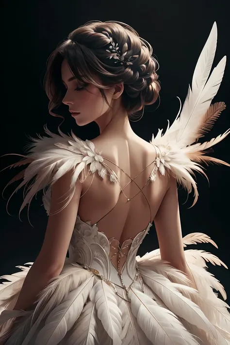 masterpiece, best quality, original, official art,closeup, ral-feathercoat, a woman in a white dress with feathers on it , black background, dim warm backlight, ring light,   <lora:ral-feathercoat-sd15:0.8>