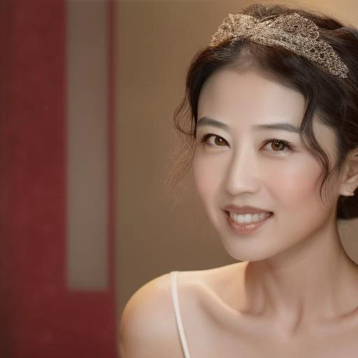 KathyChow ,  a well-defined nose with a narrow bridge, eyebrows are well-groomed, almond-shaped eyes with what appears to be dark-colored irises. red wedding dress