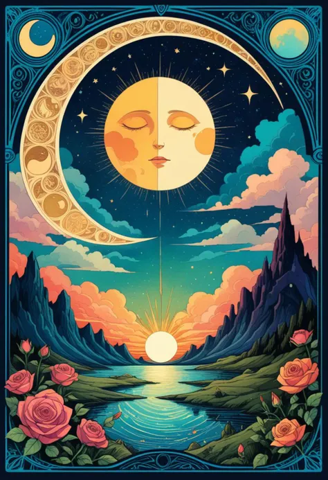 a poster of a moon and a face with a lake in the background