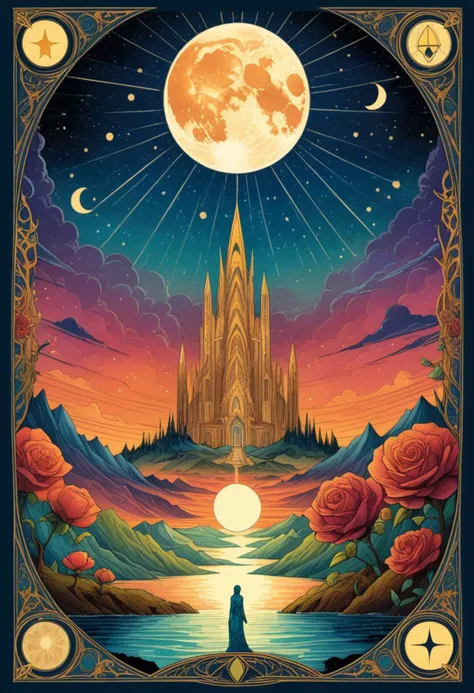 a poster of a man standing in front of a castle with a full moon