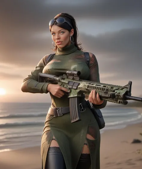 a woman in a military outfit holding a rifle on a beach