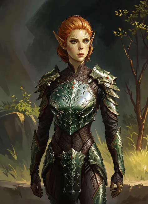 githyanki, female, solo, short hair, long ginger hair, pointy ears, armor, shoulder armor, portrait, pauldrons, green skin, (3/4 view), 
((masterpiece, best quality)), art by greg rutkowski, artwork trending on artstation  <lora:githyanki_offset:0.85>, per...