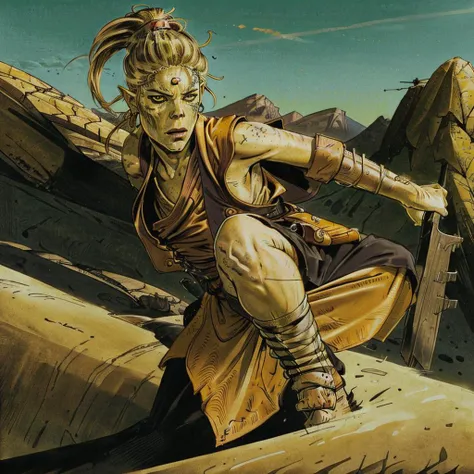 Hyperrealistic art <lora:githyanki_offset:1> githyanki monk female kicking against the camera, dessed in monk clothes, standig on top of a desert mountain, green skin, vaguely yellow eyes, dark blonde hair, punk hairstyle, scar in her face . Extremely high...