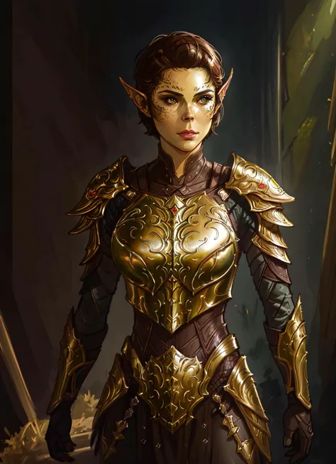 githyanki, female, solo, short hair, brown hair, pointy ears, armor, shoulder armor, portrait, pauldrons, green skin, 
((masterpiece, best quality)), art by greg rutkowski, artwork trending on artstation  <lora:githyanki_offset:0.85>, perfect body, photore...