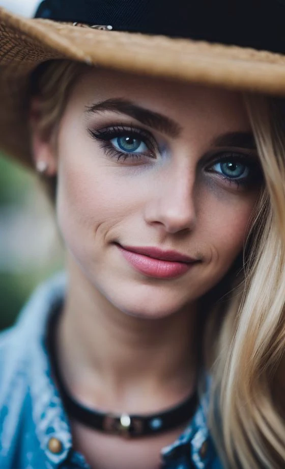 a close up of a woman wearing a hat and a necklace