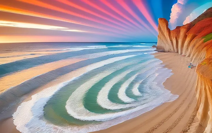 arafed view of a beach with waves and a colorful sky