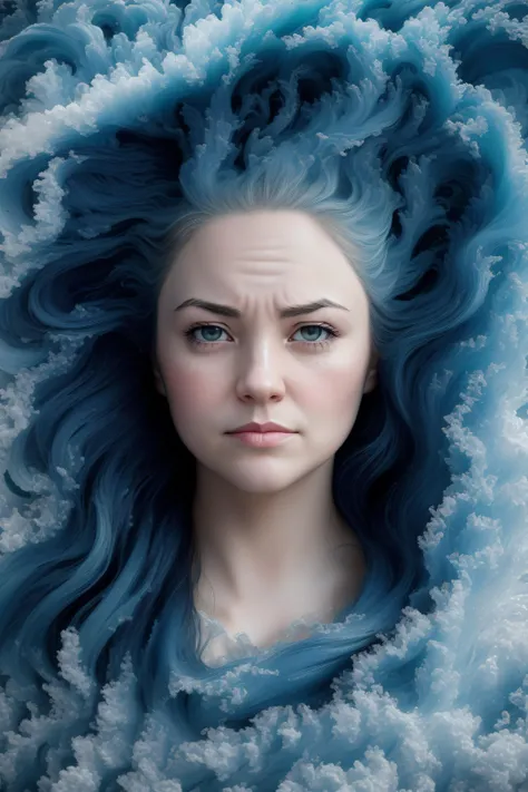 a woman with blue hair and a blue dress is surrounded by clouds