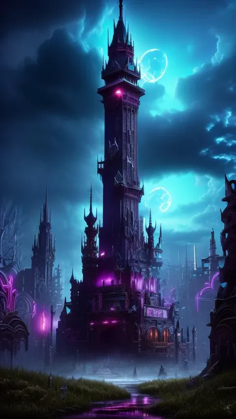 neon noir, 
gothic style, 
masterwork painting, magnum opus, 
 <lora:wizard_tower:0.75> witow, castle, cloud, cloudy sky, grass,...