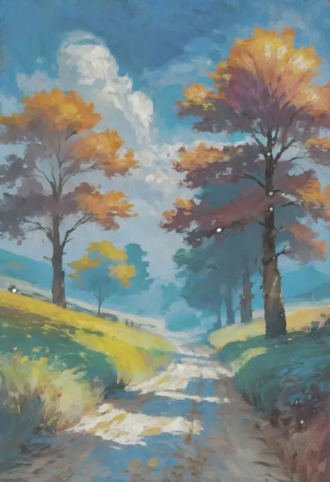 painting of a country road with trees and a cow in the distance