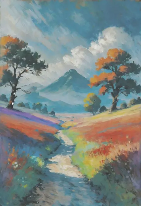 a painting of a path through a field with trees and a mountain in the background