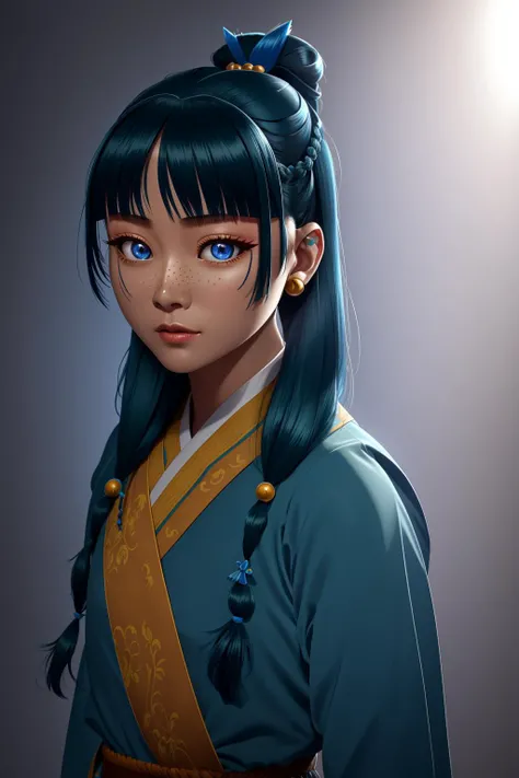 <lora:The_Apothecary_Diaries_-_Maomao_Xiao_Mao:0.8>Maomao,blue hair and ponytail long hair,bangs, blue eyes,black hair,hair ornament,braid, green hair,blunt bangs,freckles, hair beads,small breasts,flat chest, 1girl in full growth, best quality, masterpiec...