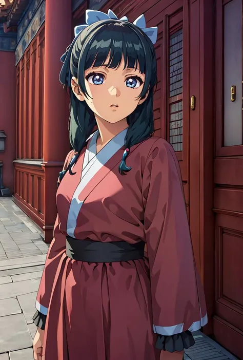 anime girl in a red kimono standing in front of a red building