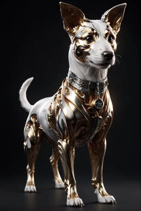 concept art, Golden ratio, Jack Russell Terrier, Abstract, Standing at a Stormwind, it is dressed in a Middle Aged Takchita that was designed by Audi, It is Inspirational, Lustful, Dollpunk, Floral motives, highly detailed, <lora:ral-chrome:1> ral-chrome