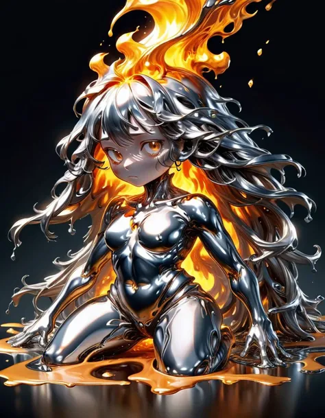 cute comic, ral-chrome , female standing in molten metal, melting body, long flowing hair <lora:ral-chrome-sdxl:0.8> <lora:sdxl_cute_social_comic:0.8>