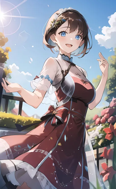 1girl, dynamic pose, short hair, brown hair, blue eyes, cnsdress, short sleeves, see-through sleeves, open mouth, smile, outdoors, garden, blue sky, sunlight <lora:cns_dress_style4_v1:0.6>