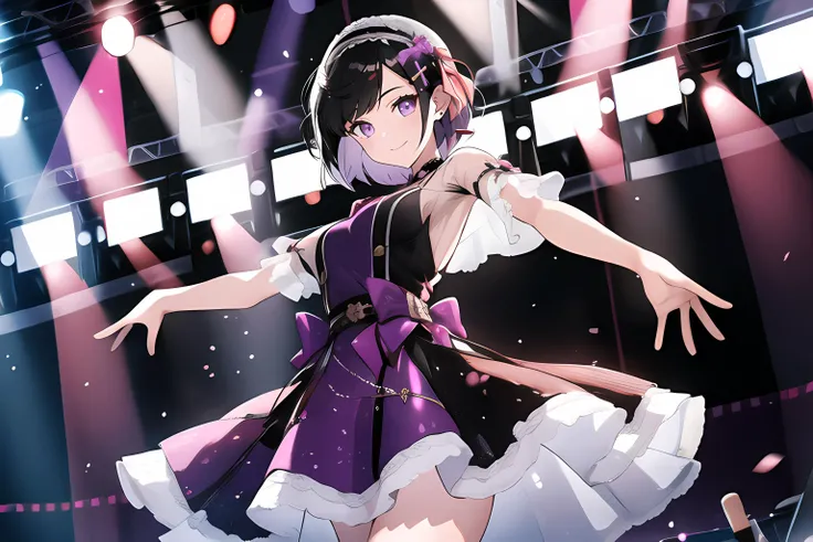 1girl, dancing on stage, short hair, black hair, purple eyes, cnsdress, short sleeves, see-through sleeves, closed mouth, smile, spotlight <lora:cns_dress_style4_v1:0.6>