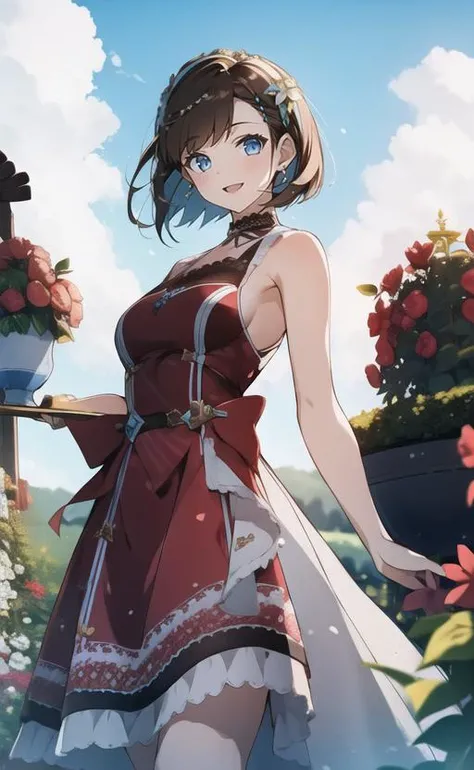 1girl, dynamic pose, short hair, brown hair, blue eyes, cnsdress, sleeveless dress, bare shoulders, bare arms, open mouth, smile, outdoors, garden, blue sky, sunlight <lora:cns_dress_style4_v1:0.6>