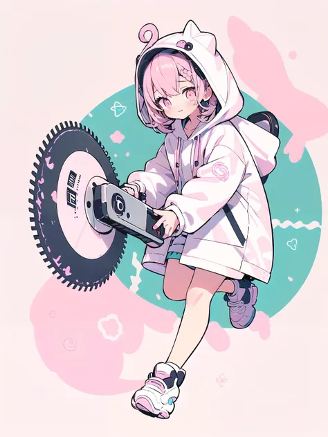 (cute illustration:1.4),(pastel color:1.3),(kawaii, cute, sweet:1.3),
1girl,full body,oversized hooded jacket,full body,
holding circular saw, <lora:weapon_v01_cute:0.6>