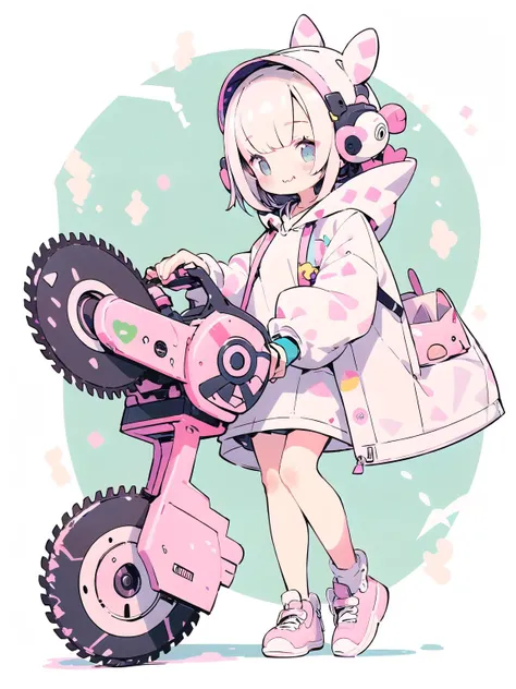 (cute illustration:1.4),(pastel color:1.3),(kawaii, cute, sweet:1.3),
1girl,full body,oversized hooded jacket,full body,
holding circular saw, <lora:weapon_v01_cute:0.7>