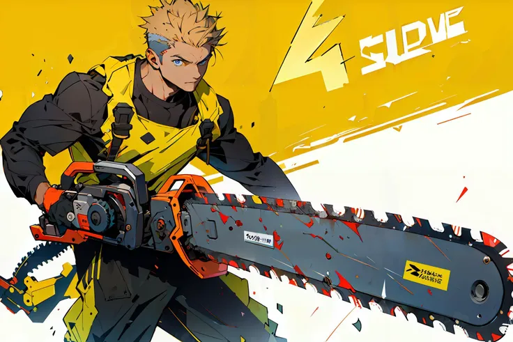 (masterpiece,best quality),1boy,blue eyes, holding huge chainsaw, upper body ,running towards viewer , yellow background,<lora:weapon:0.7>,  <lora:lineart2:0.9>