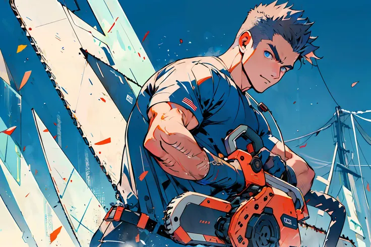 (masterpiece,best quality),1boy,blue eyes, holding huge chainsaw, upper body ,running towards viewer , navy background,<lora:weapon:0.7>,  <lora:lineart2:0.9>