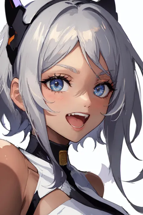 ((((masterpiece)))), ((((best quality)))), detailistic, 1girl,solo , <lora:secelia_dote:1> secelia dote, dark-skinned female, dark skin, looking at viewer, grey hair, smile ,wink , medium close up , detailed face , open mouth , detailed teeths , fang teeth