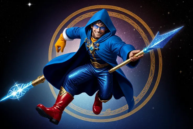 1boy, man, blue robes, wizard, thick goggles, sinister, smile, flying on broom, blue hood, blue pants, red boots, whimsical, sparkles, glitter, one gold scepter