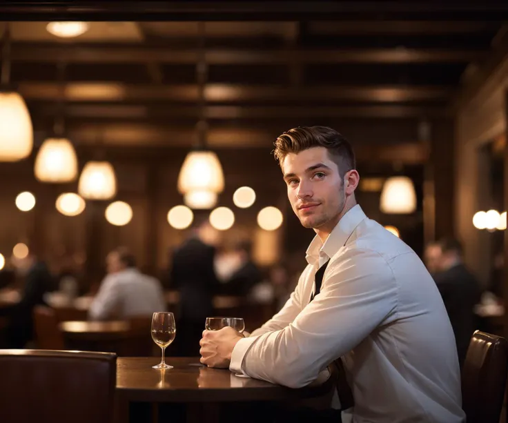 arafed man sitting at a table with a glass of wine