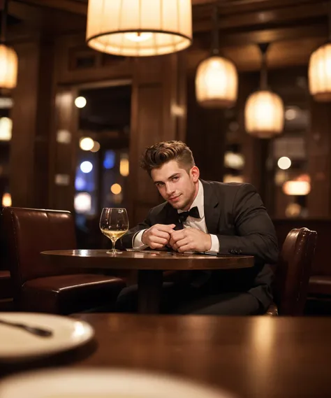 arafed man in a suit sitting at a table with a glass of wine