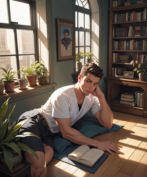 a man laying on the floor in a room with a window and a book shelf behind him and a potted plant in the corner, Adam Manyoki, hyperrealistic, a photorealistic painting, realism