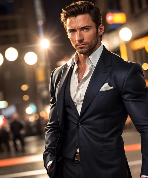 a man in a suit standing on a city street at night