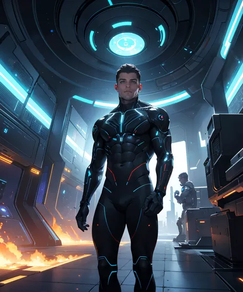 a man in a futuristic suit standing in a room with a fire