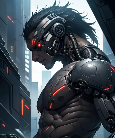 a close up of a man with a futuristic suit and red eyes