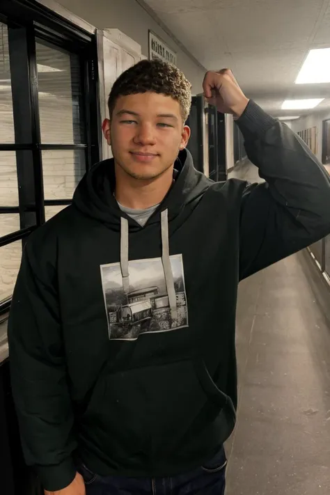 epiCPhoto, best quality, masterpiece, intricate details, (1boy, 20yo,) smirk, redneck, hoodie, outdoors, nighttime, school hallway, arm raised over head, <lora:Gaymer:0.91>