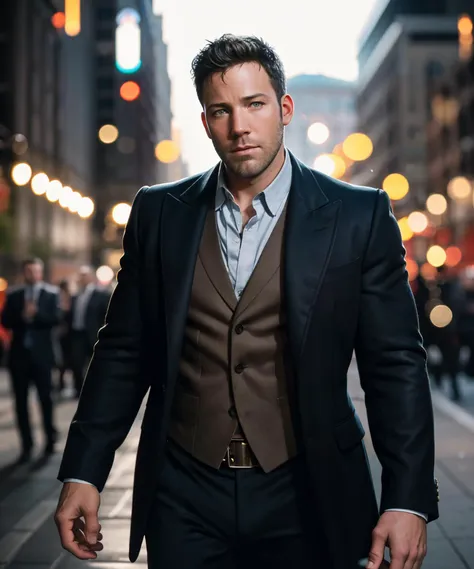 arafed man in a suit and tie walking down a city street