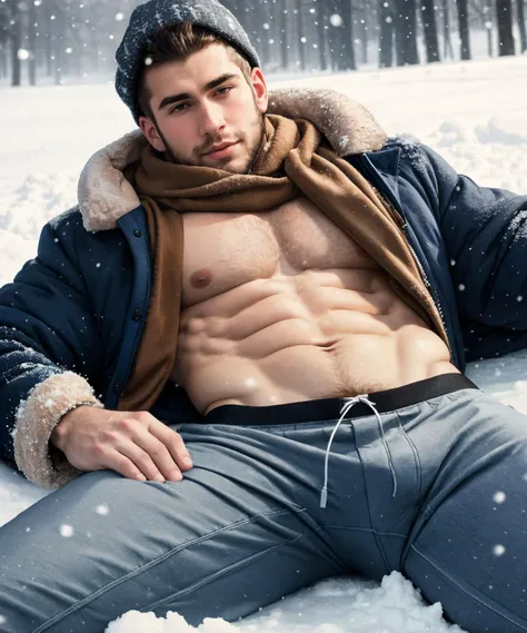 manly man lying in snow, shirtless, snowing