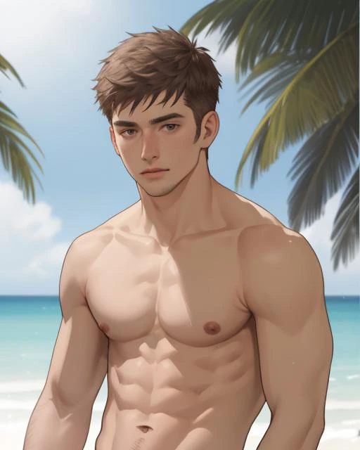 a man with no shirt standing on a beach next to a palm tree