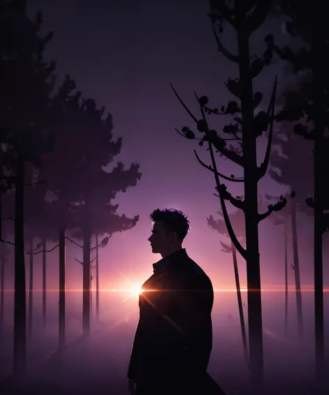 a man standing in the middle of a forest at sunset