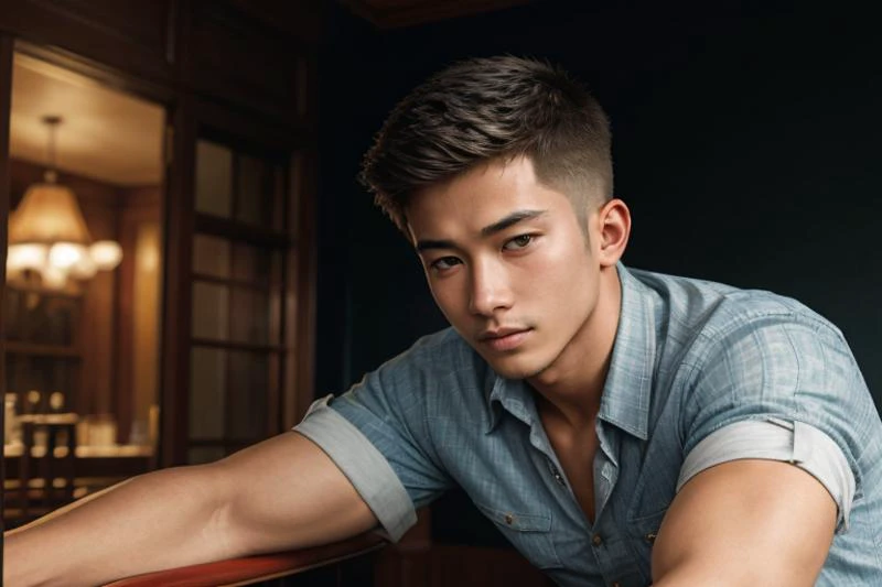 a close up of a man leaning on a bar with a drink