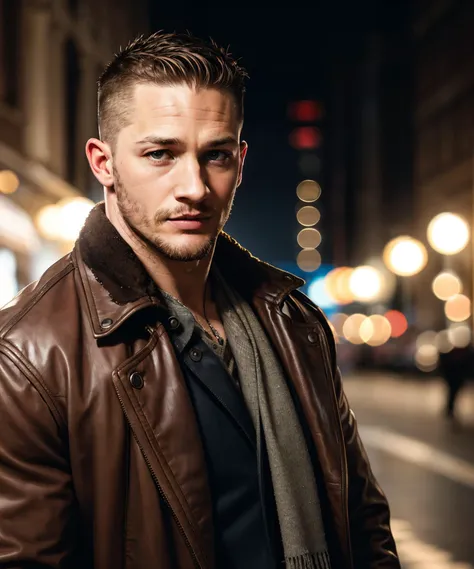 arafed man in a leather jacket standing on a city street