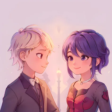 (girl and boy:1), smiling, ((high resolution illustration)), ((extremely detailed)), (couple), Marinette, (Adrian), <lora:MarinetteAdrian Ball Outfits-000025:0.9>, (white background), simple background,