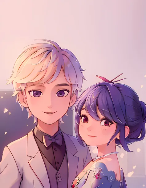 (girl and boy:1), smiling, ((high resolution illustration)), ((extremely detailed)), (couple), Marinette, (Adrian), <lora:MarinetteAdrian Ball Outfits-000025:0.9>, (white background), simple background,