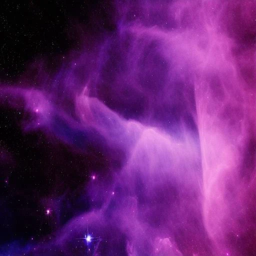 detailed photograph of a blue-purple nebula in background, dark nebula in foreground, stellar jets, high-resolution hubble, wide...