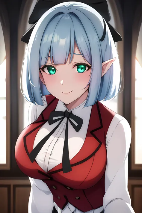 ((masterpiece, best quality)),1girl,(green_eyes)BREAK,standing, lack_skirt, blue_hair, (black bow), cowboy_shot, long_sleeves, looking_at_viewer, pleated_skirt, pointy_ears,(red_vest) ribbon, school_uniform, shirt, short_hair, skirt, smile, solo,white_shir...