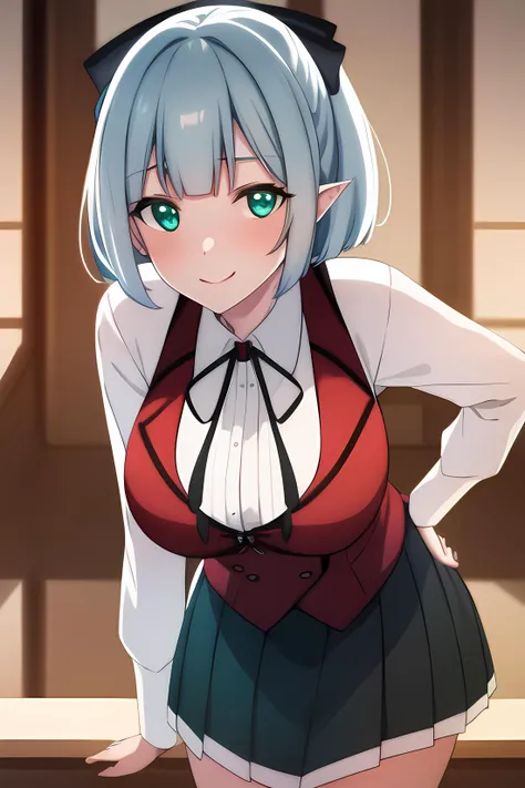 ((masterpiece, best quality)),1girl,(green_eyes)BREAK,standing, lack_skirt, blue_hair, (black bow), cowboy_shot, long_sleeves, looking_at_viewer, pleated_skirt, pointy_ears,(red_vest:1.2)BREAK,ribbon, school_uniform, shirt, short_hair, skirt, smile, solo,w...