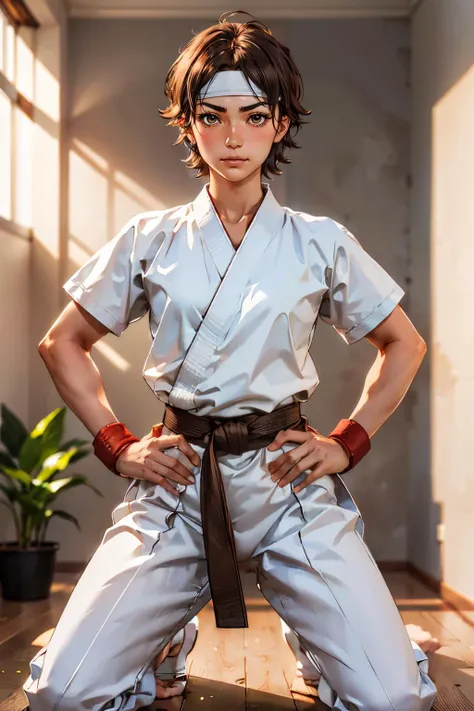 sakurasf5, short brown hair, brown eyes, white headband, red fingerless gloves, wearing a karate outfit,black belt,  looking at viewer, serious, smug, 
kneeling, on knees, hands on hips, inside, dojo,plants in the corner of the room, extreme detail, master...